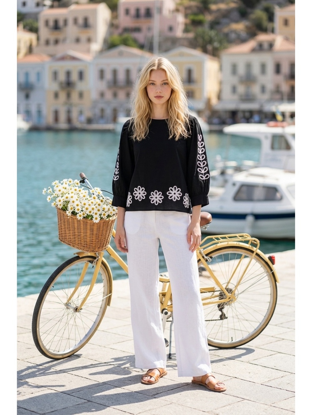Black Cotton Boho Blouse with White Floral Embroidery 3/4 Sleeve Size L